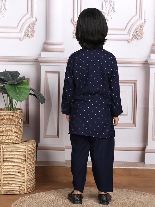 Polka Tots Full Sleeve Ethnic Motif Kurta Pyjama Set - Navy