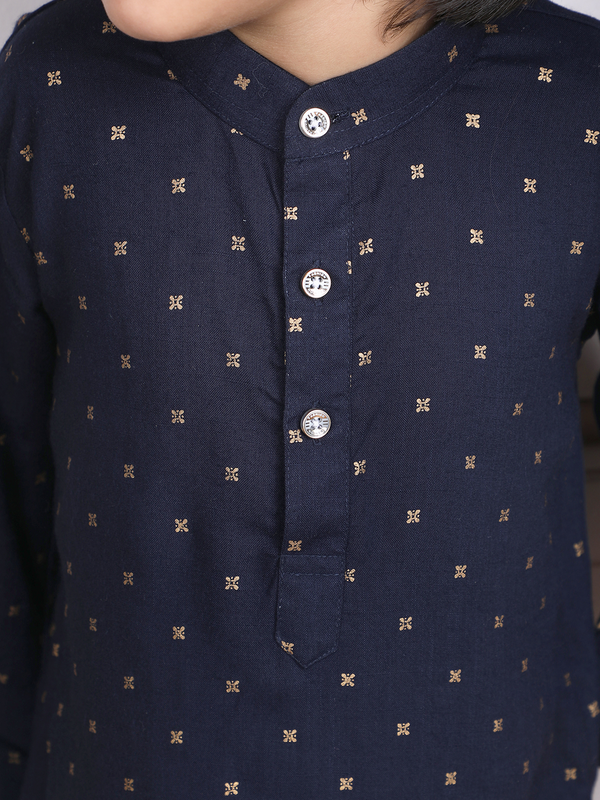 Polka Tots Full Sleeve Ethnic Motif Kurta Pyjama Set - Navy