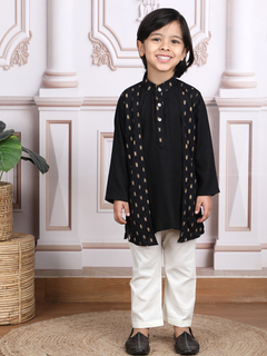 Polka Tots Full Sleeve Ethnic Motif Kurta Pyjama Set with Attached Koti - Black