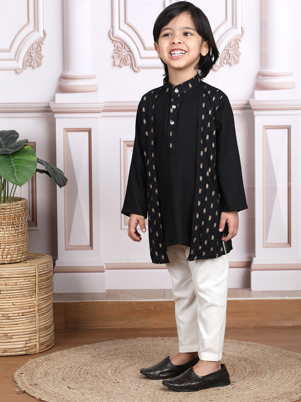 Polka Tots Full Sleeve Ethnic Motif Kurta Pyjama Set with Attached Koti - Black