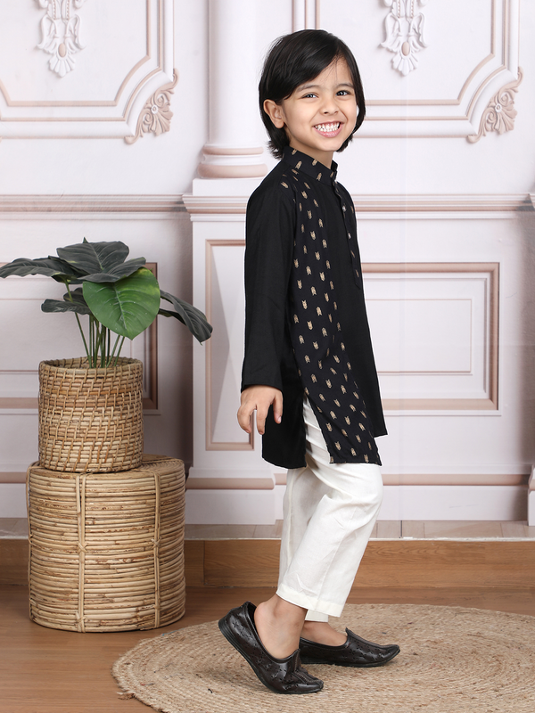 Polka Tots Full Sleeve Ethnic Motif Kurta Pyjama Set with Attached Koti - Black