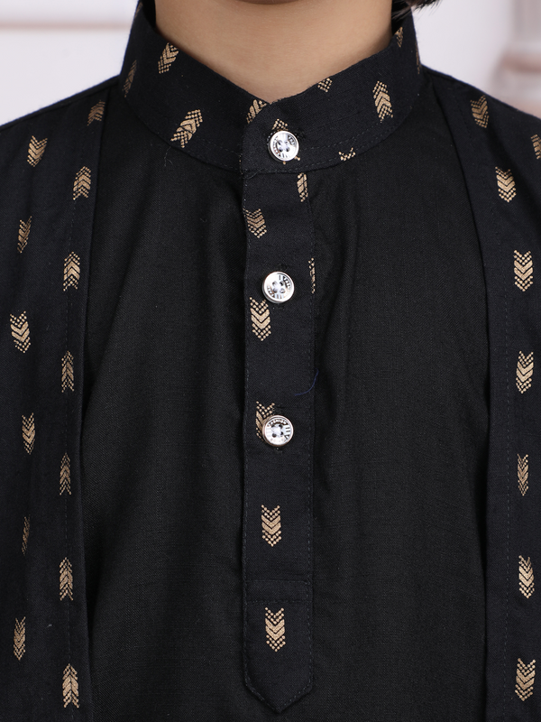 Polka Tots Full Sleeve Ethnic Motif Kurta Pyjama Set with Attached Koti - Black