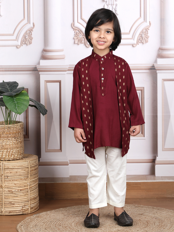 Polka Tots Full Sleeve Ethnic Motif Kurta Pyjama Set with Attached Koti - Maroon