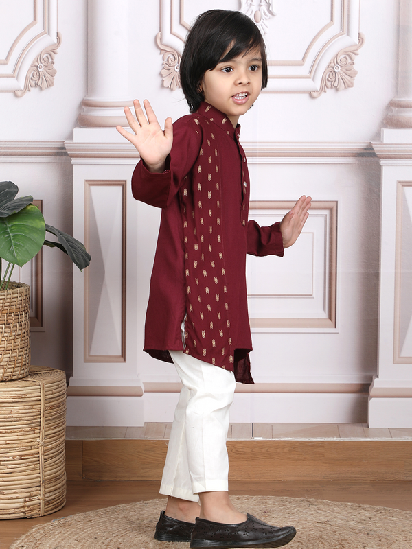 Polka Tots Full Sleeve Ethnic Motif Kurta Pyjama Set with Attached Koti - Maroon