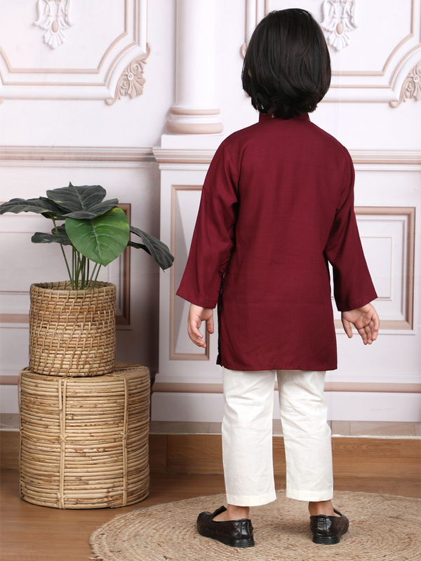 Polka Tots Full Sleeve Ethnic Motif Kurta Pyjama Set with Attached Koti - Maroon