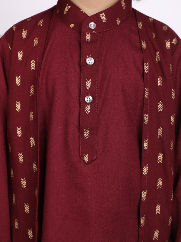 Polka Tots Full Sleeve Ethnic Motif Kurta Pyjama Set with Attached Koti - Maroon