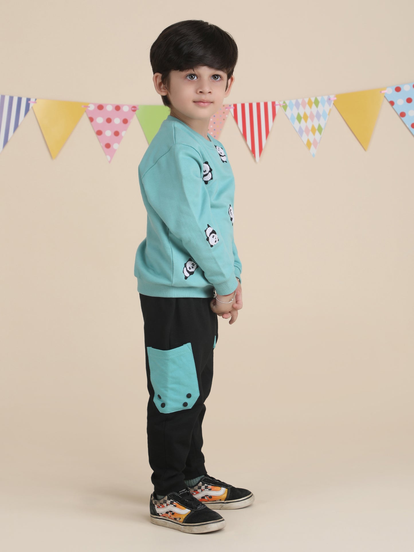 Polka Tots Full Sleeves Panda print Co-ord set - Turquoise