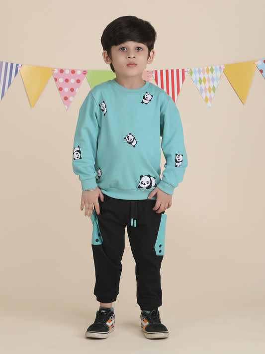 Polka Tots Full Sleeves Panda print Co-ord set - Turquoise