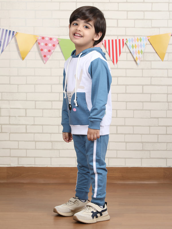Polka Tots Full sleeve Animal Print Hoodie Co-ord Set - White & Blue
