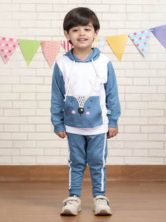 Polka Tots Full sleeve Animal Print Hoodie Co-ord Set - White & Blue
