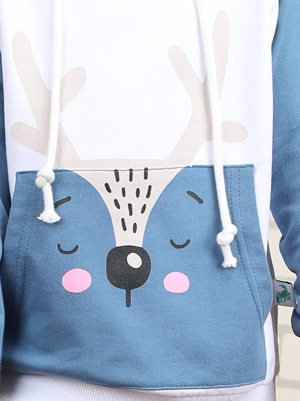 Polka Tots Full sleeve Animal Print Hoodie Co-ord Set - White & Blue