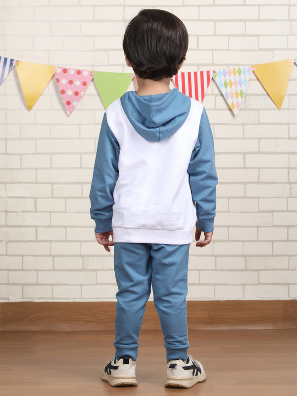Polka Tots Full sleeve Animal Print Hoodie Co-ord Set - White & Blue