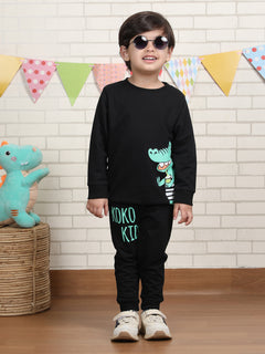Polka Tots Full sleeve Koko kids print Co-ord Set - Black