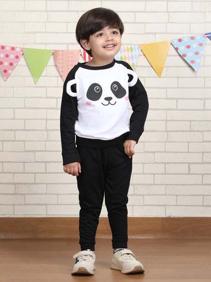 Polka Tots Full sleeve Panda print Co-ord Set - White & Black