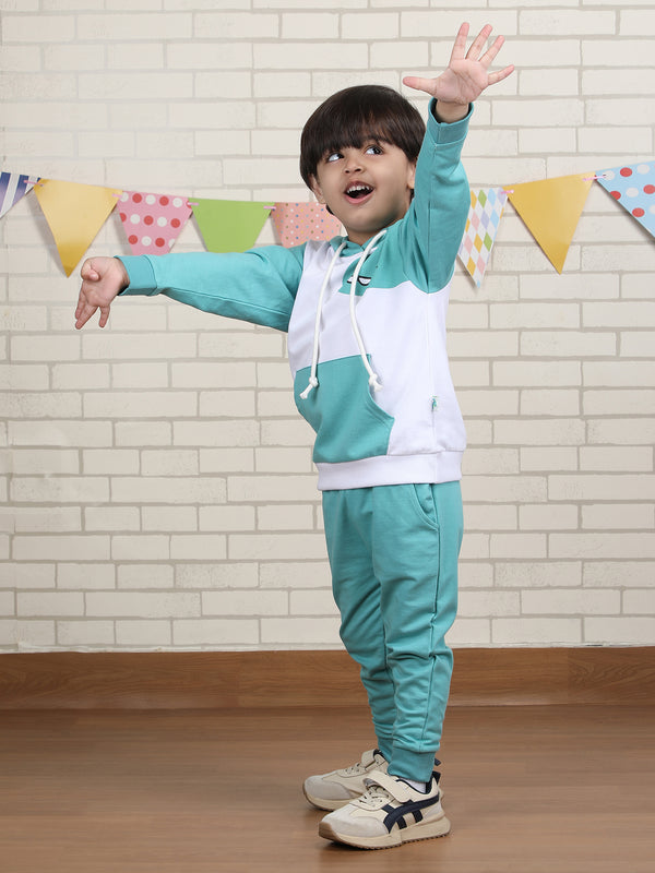 Polka Tots Full sleeve Dino print Hoodie Co-ord Set - White & Turquoise