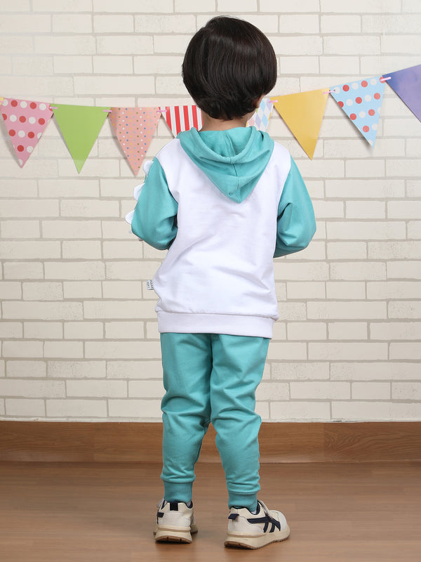 Polka Tots Full sleeve Dino print Hoodie Co-ord Set - White & Turquoise