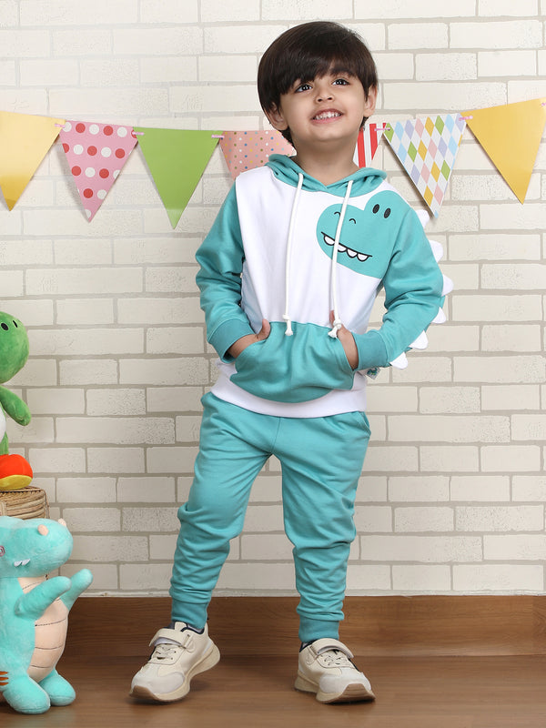 Polka Tots Full sleeve Dino print Hoodie Co-ord Set - White & Turquoise