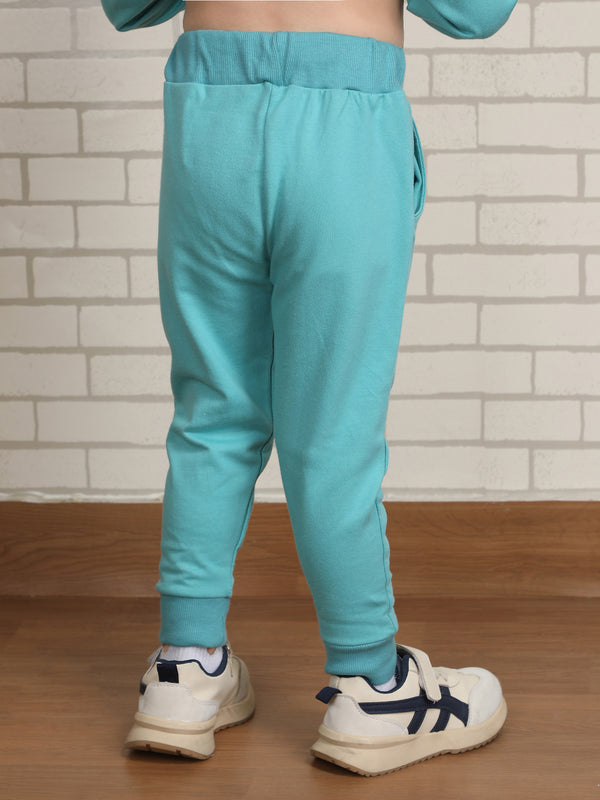 Polka Tots Full sleeve Dino print Hoodie Co-ord Set - White & Turquoise