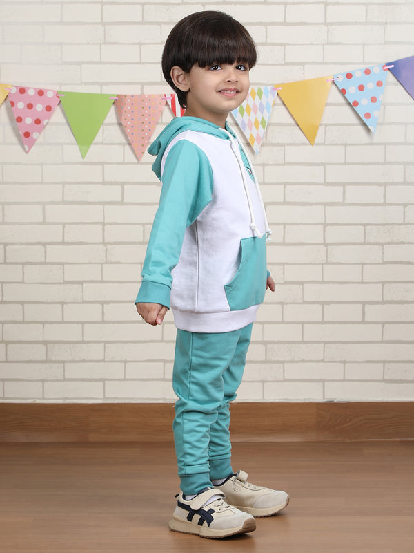 Polka Tots Full sleeve Dino print Hoodie Co-ord Set - White & Turquoise