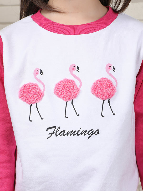 Polka Tots Full sleeve Flamingo print Co-ord Set - White & Pink