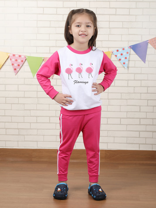 Polka Tots Full sleeve Flamingo print Co-ord Set - White & Pink