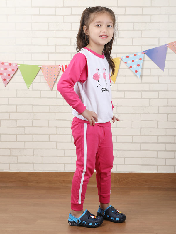 Polka Tots Full sleeve Flamingo print Co-ord Set - White & Pink
