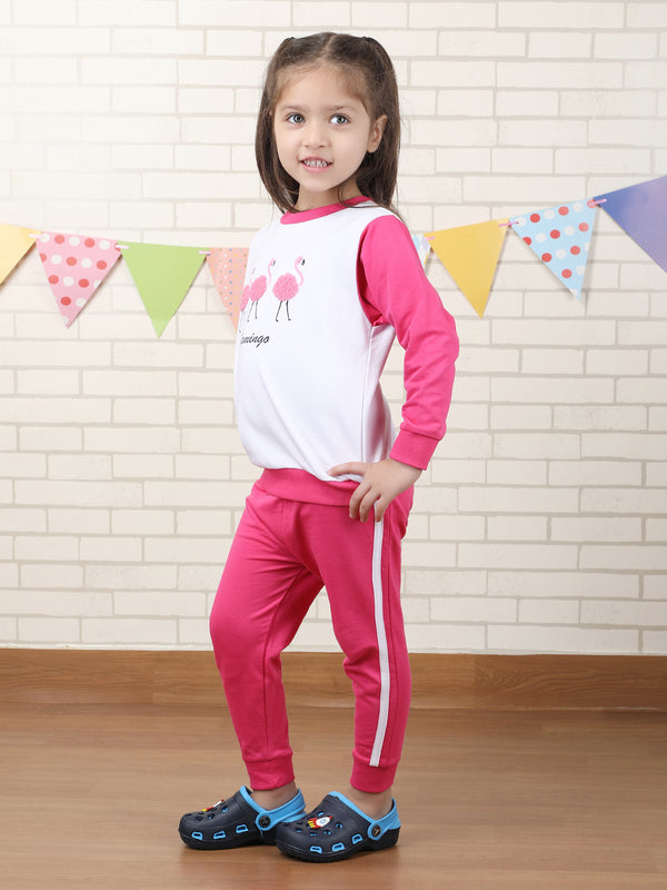 Polka Tots Full sleeve Flamingo print Co-ord Set - White & Pink