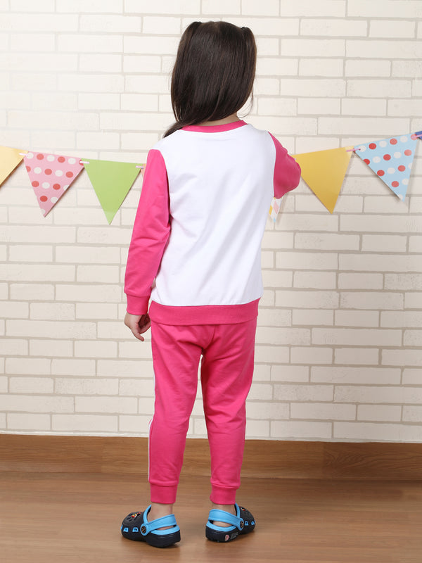 Polka Tots Full sleeve Flamingo print Co-ord Set - White & Pink