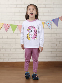 Polka Tots Full sleeve Unicorn print Co-ord Set - White & Lavender