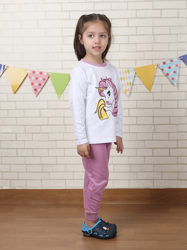 Polka Tots Full sleeve Unicorn print Co-ord Set - White & Lavender
