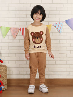 Polka Tots Full sleeve Bear print Co-ord Set - Brown