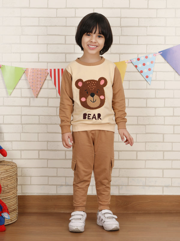 Polka Tots Full sleeve Bear print Co-ord Set - Brown