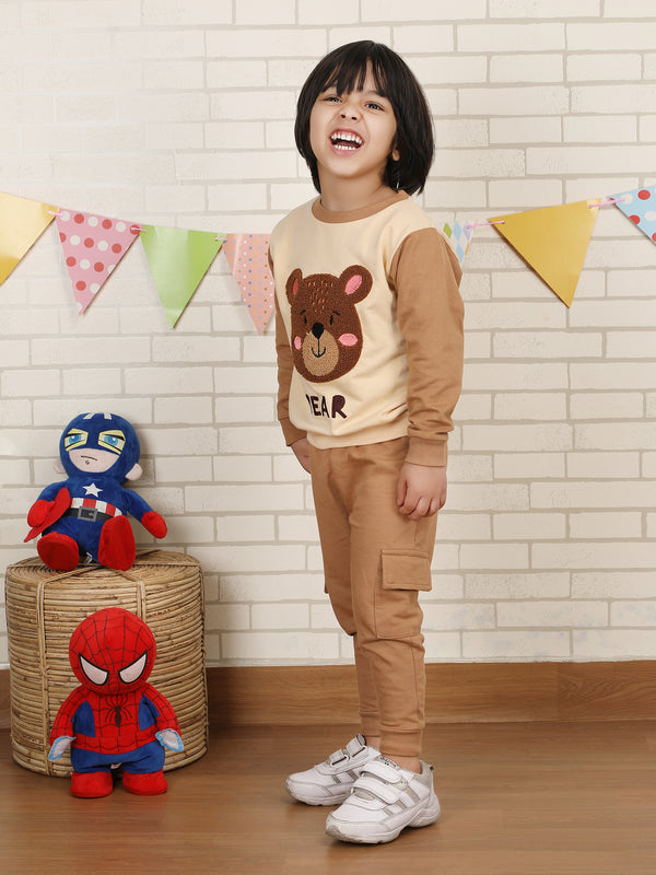 Polka Tots Full sleeve Bear print Co-ord Set - Brown