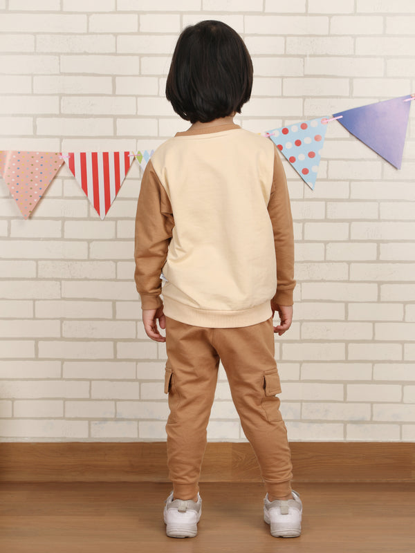 Polka Tots Full sleeve Bear print Co-ord Set - Brown