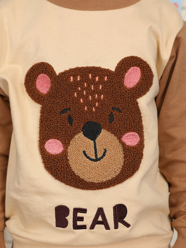 Polka Tots Full sleeve Bear print Co-ord Set - Brown