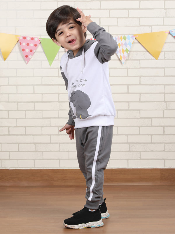 Polka Tots Full Sleeve Elephant print Hoodie Co-ord set - White