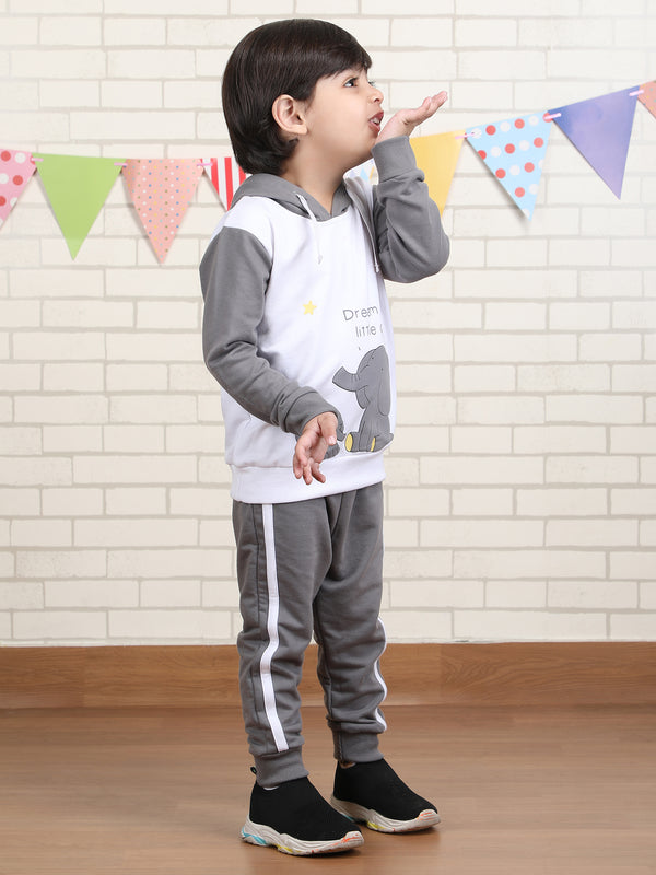 Polka Tots Full Sleeve Elephant print Hoodie Co-ord set - White