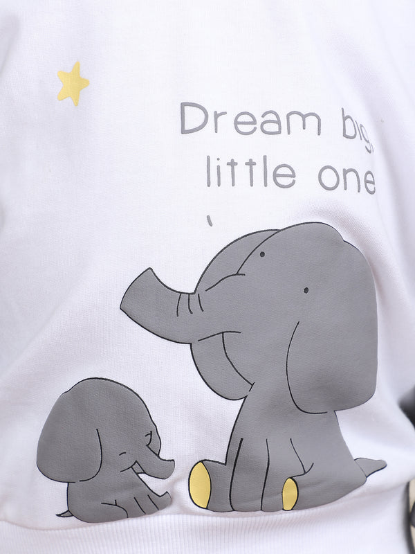 Polka Tots Full Sleeve Elephant print Hoodie Co-ord set - White