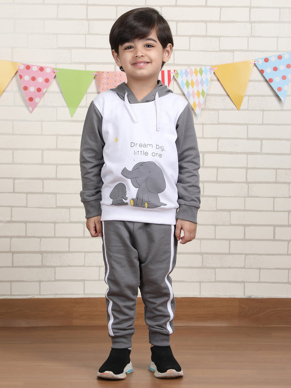 Polka Tots Full Sleeve Elephant print Hoodie Co-ord set - White