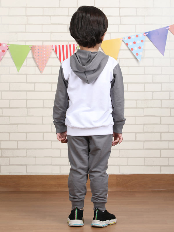 Polka Tots Full Sleeve Elephant print Hoodie Co-ord set - White