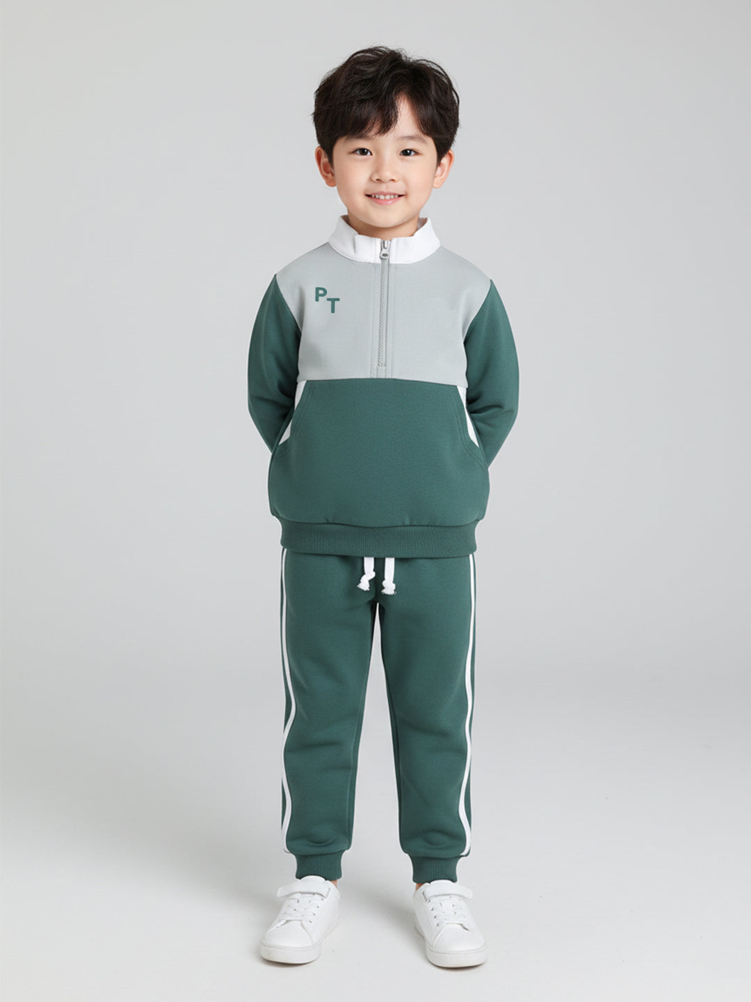 Polka Tots Full sleeve Colorblock Sweatshirt & Co-ord Jogger Set - Green