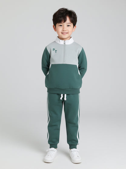 Polka Tots Full sleeve Colorblock Sweatshirt & Co-ord Jogger Set - Green
