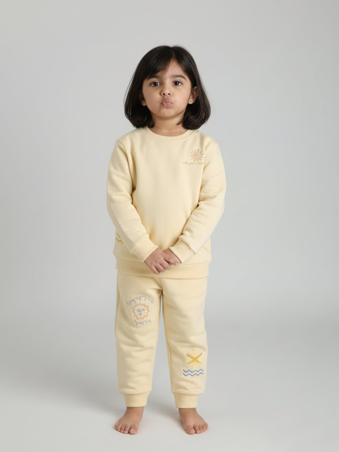Polka Tots Full Sleeve Sunshine & Rainbow Embroidered Sweatshirt & Co-ord Jogger Set – Cream