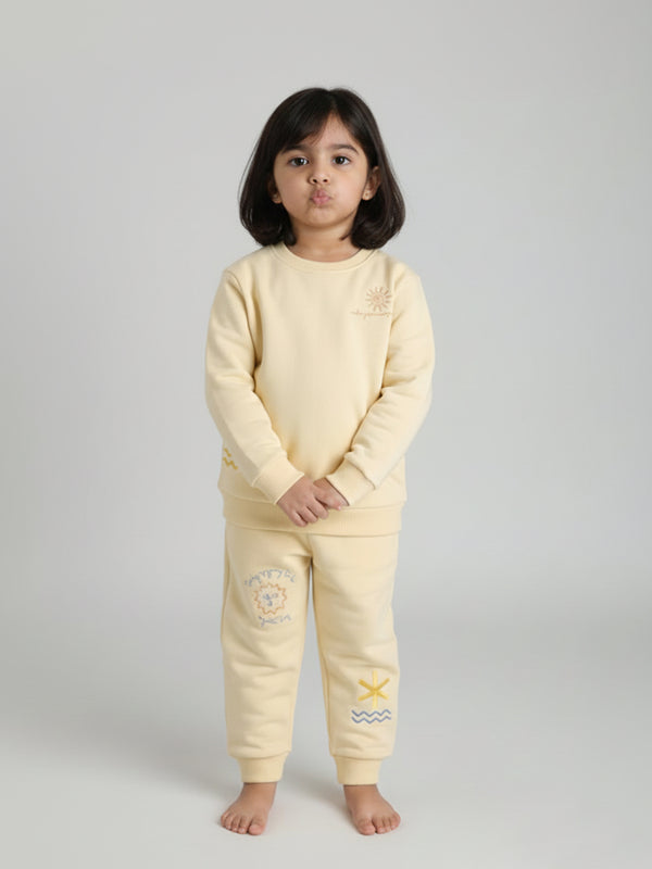 Polka Tots Full Sleeve Sunshine & Rainbow Embroidered Co-ord Jogger Set – Cream