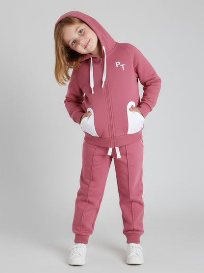 Polka Tots Full Sleeve Hooded Zip-Up Sweatshirt with Pockets & Co-ord Jogger Set - Mauve