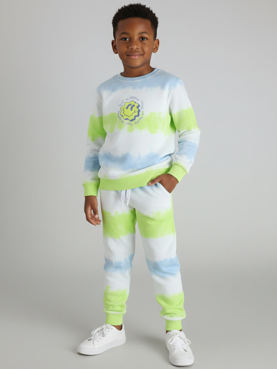 Polka Tots Full sleeve Tie-Dye Smiley Sweatshirt & Co-ord Jogger Set - Green & Blue