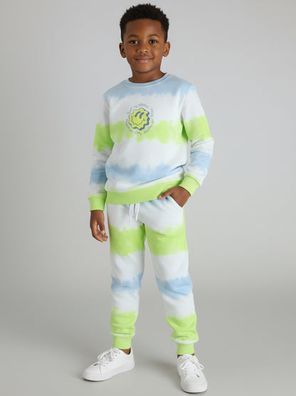 Polka Tots Full sleeve Tie-Dye Smiley Sweatshirt & Co-ord Jogger Set - Green & Blue