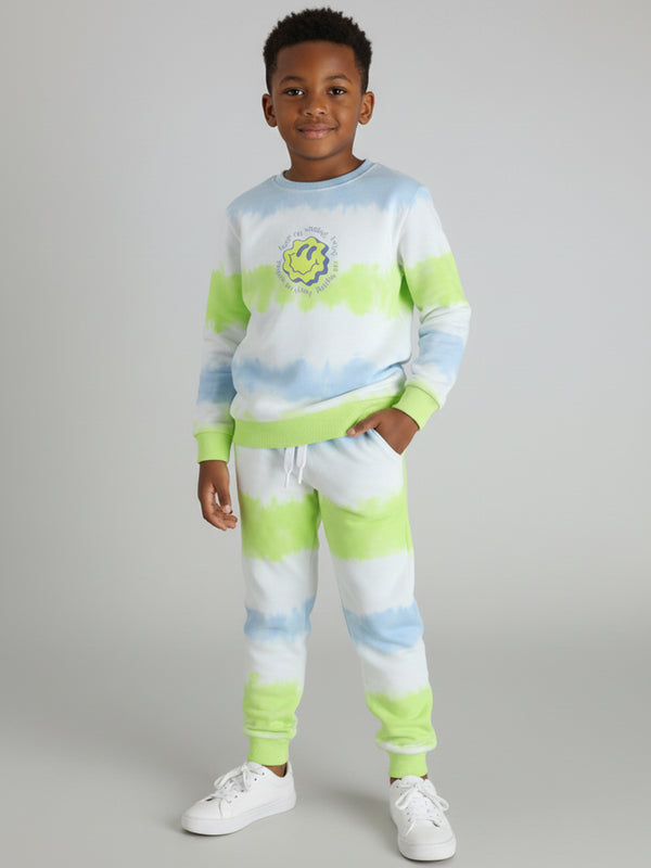 Polka Tots Full sleeve Tie-Dye Smiley Co-ord Jogger Set - Green & Blue