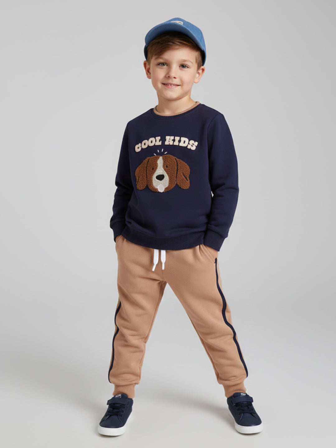 Polka Tots Full sleeve Embroidered Dog Sweatshirt & Co-ord Jogger Set - Navy & Tan