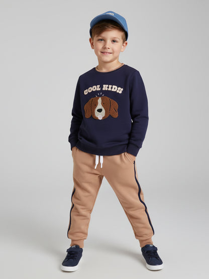 Polka Tots Full sleeve Embroidered Dog Sweatshirt & Co-ord Jogger Set - Navy & Tan